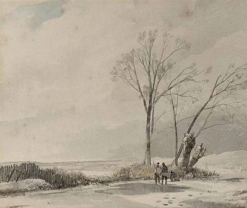 Un paesaggio invernale con sportivi che conversano